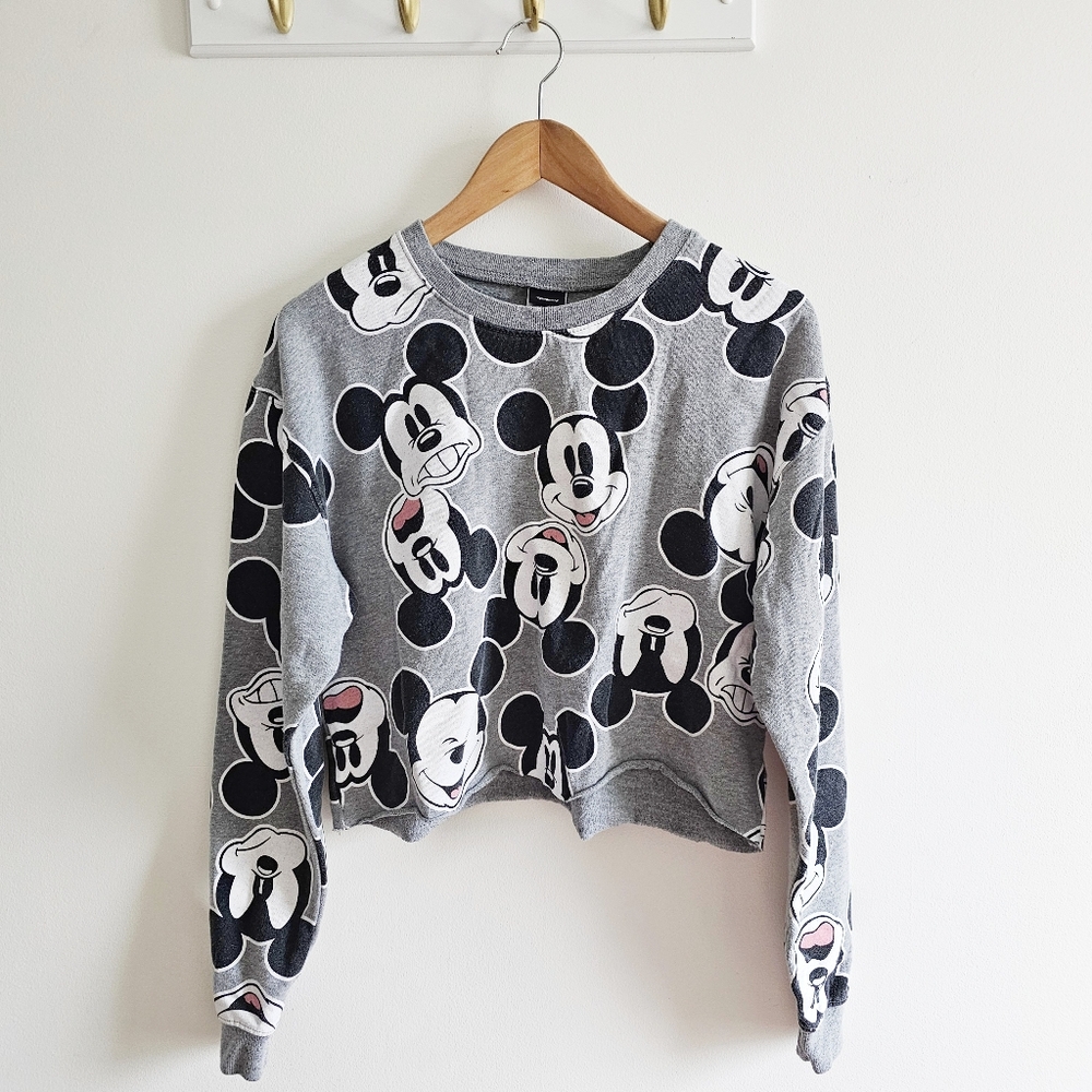 Walt Disney Mickey Mouse Grey and Black Cut Off Top Crewneck Sweatshirt Size XS